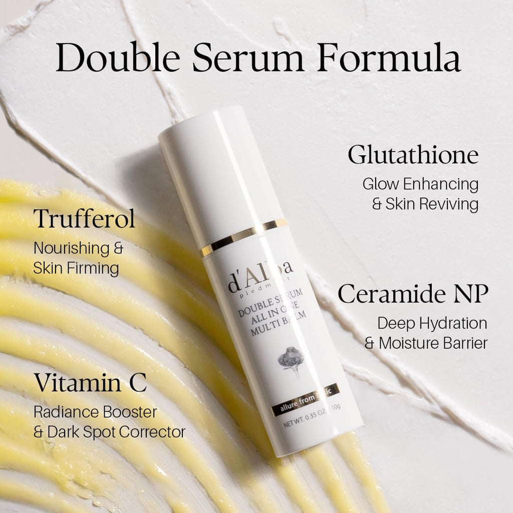 d'Alba Double Serum, flacon et bâton blancs avec gel jaune sur fond clair