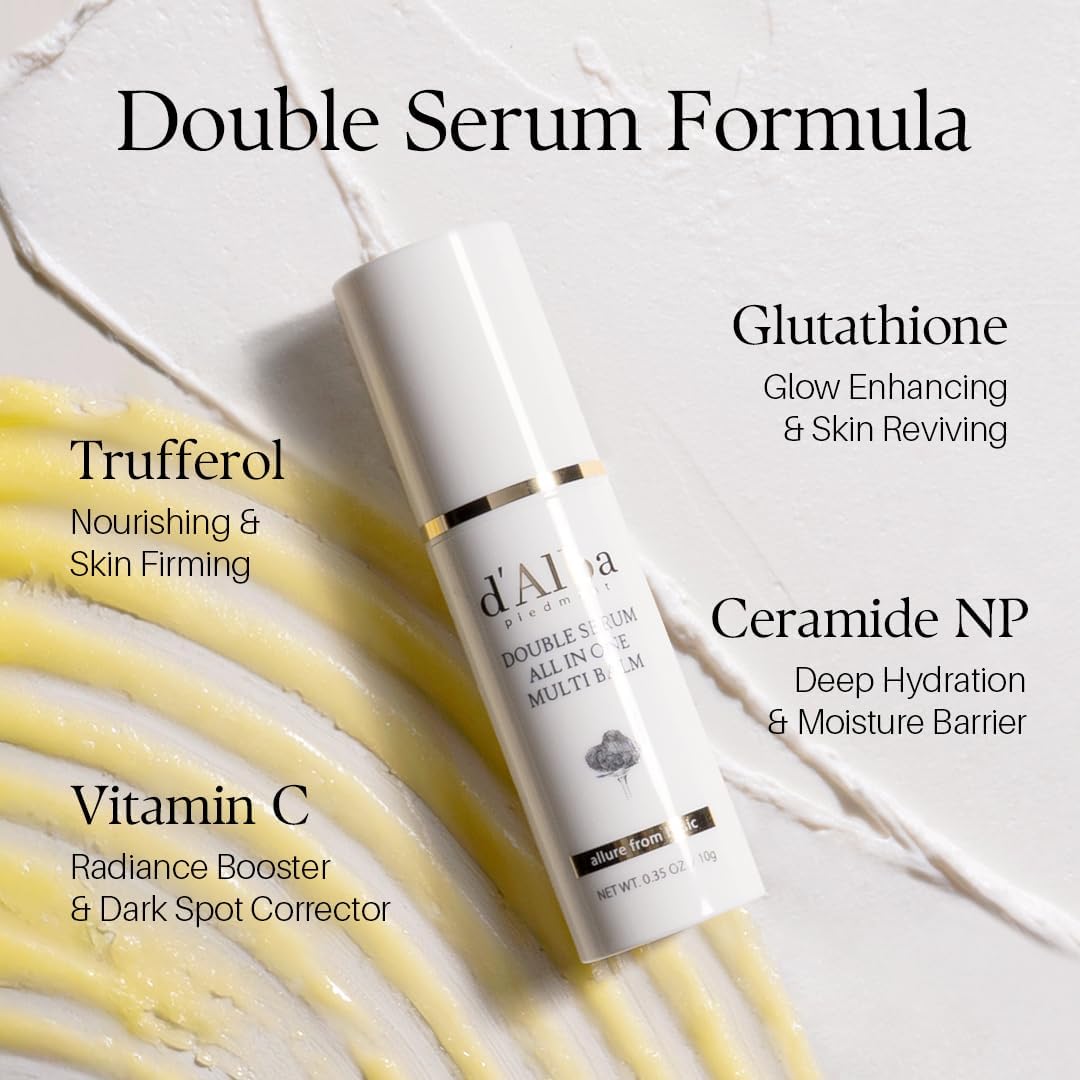 d'Alba Double Serum, flacon et bâton blancs avec gel jaune sur fond clair