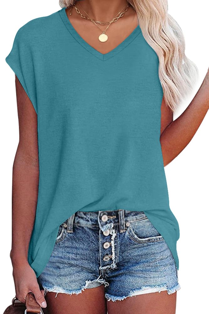 isermeo Cap Sleeve T Shirts for Women Summer V Neck Cute Tops Trendy Beach Vacation Clothes Fashion S-XXL