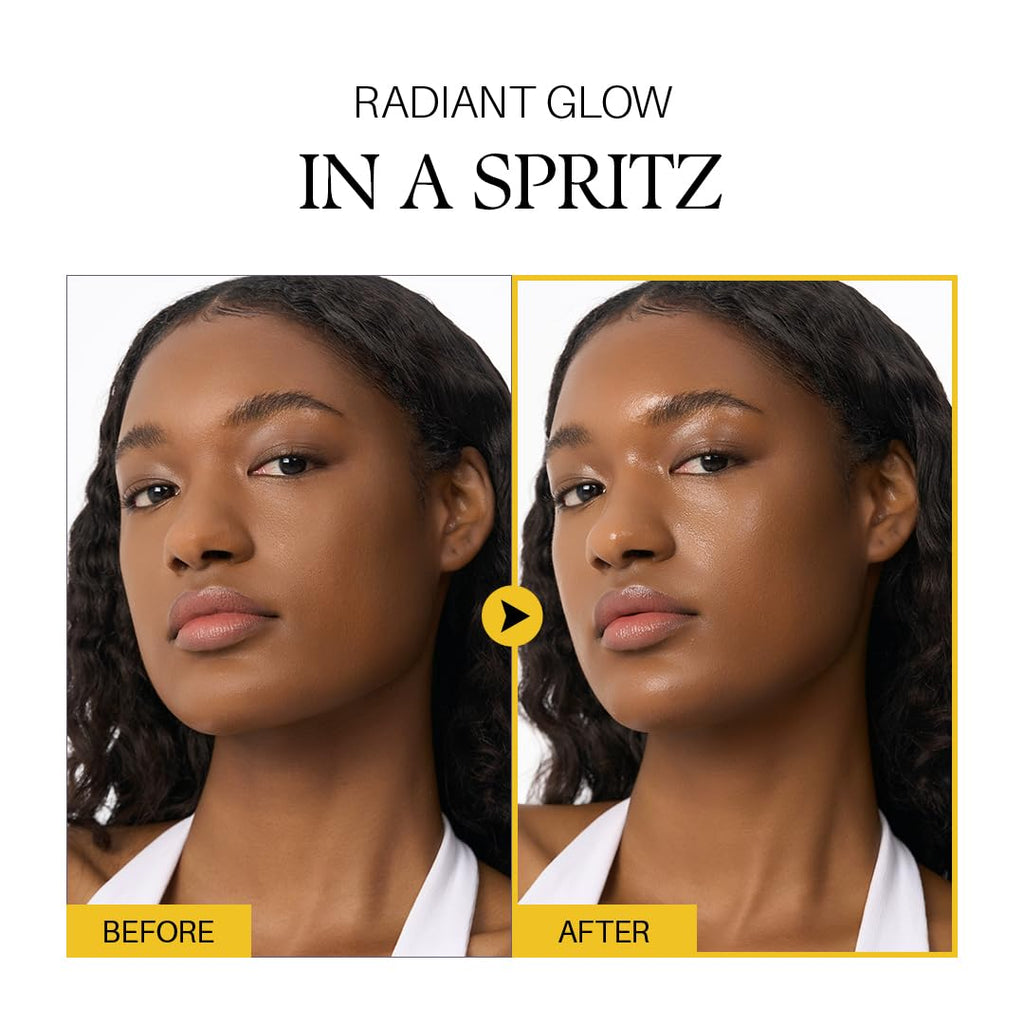 Visage à la peau plus lumineuse, comparaison avant/après pour sérum spray