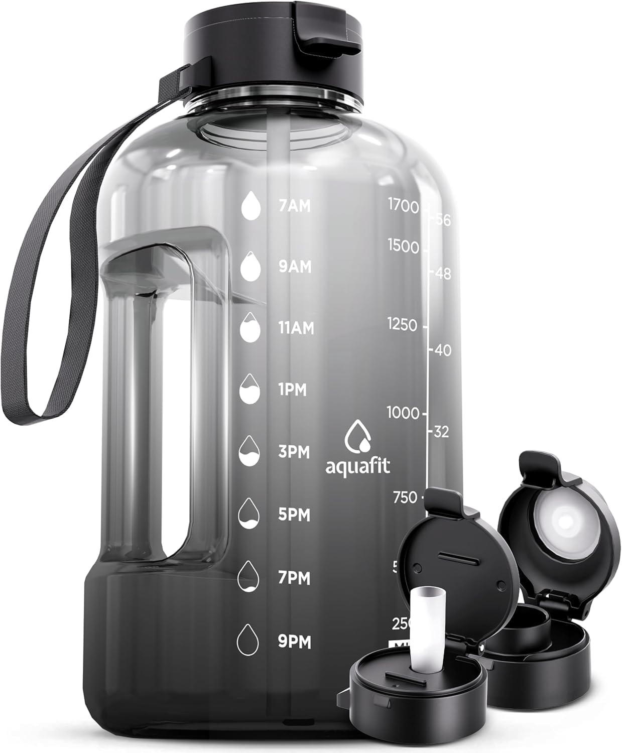AQUAFIT 2l Water Bottle with Straw - Half Gallon Water Bottle - Motivational Gym Water Bottles 2l - 2 Liter Water Bottle Time Marker - Half Gallon Water Jug 64 oz - Large Water Bottle Gray