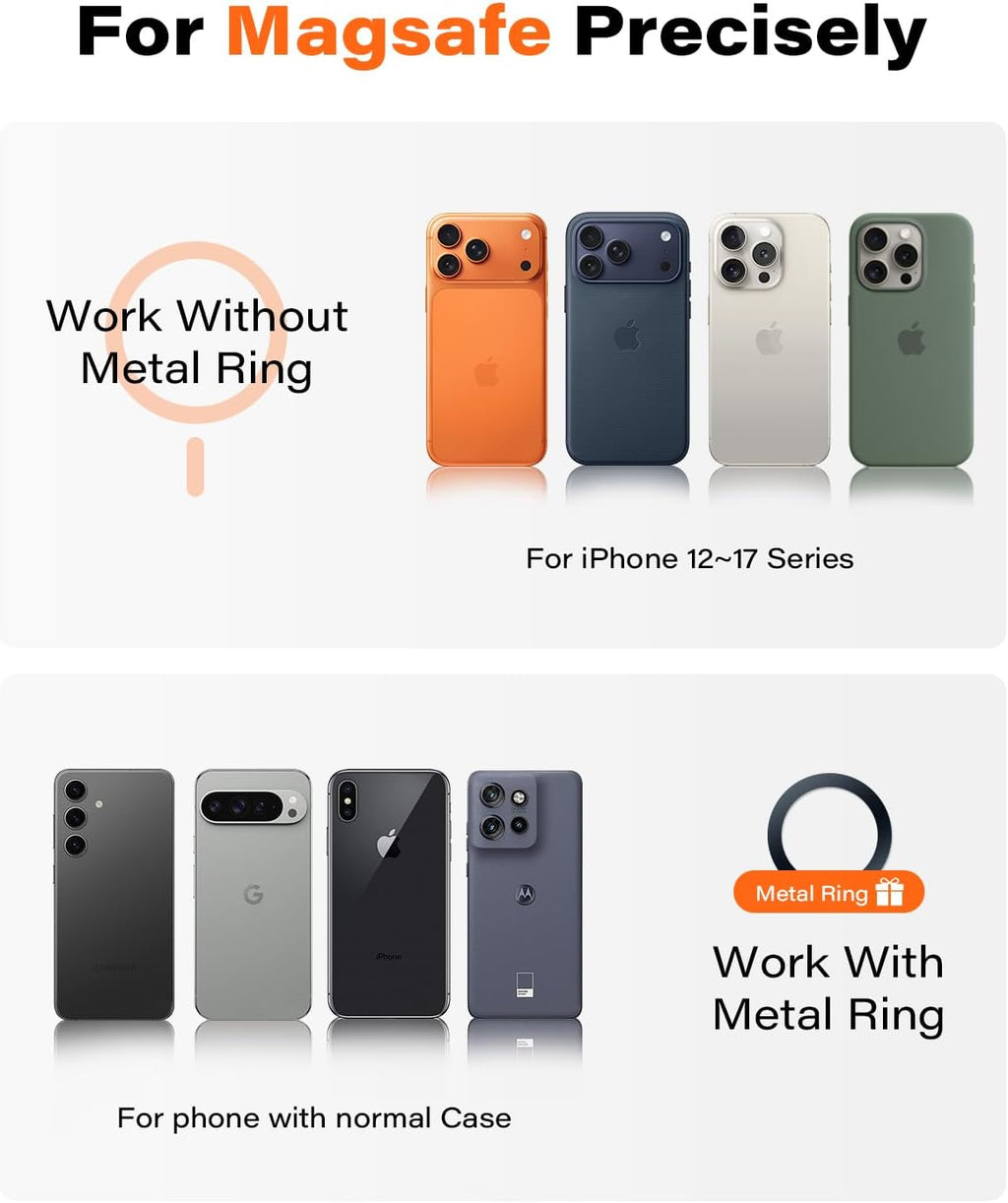 Support MagSafe avec bague métal, fonctionne avec boîtiers normaux et iPhone 12–17.