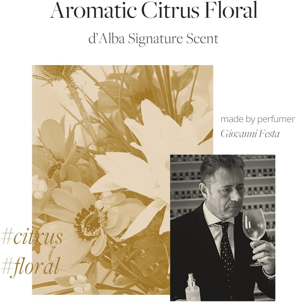 Parfum Signature Agrumes floraux d’alba, visuel floral avec petit flacon
