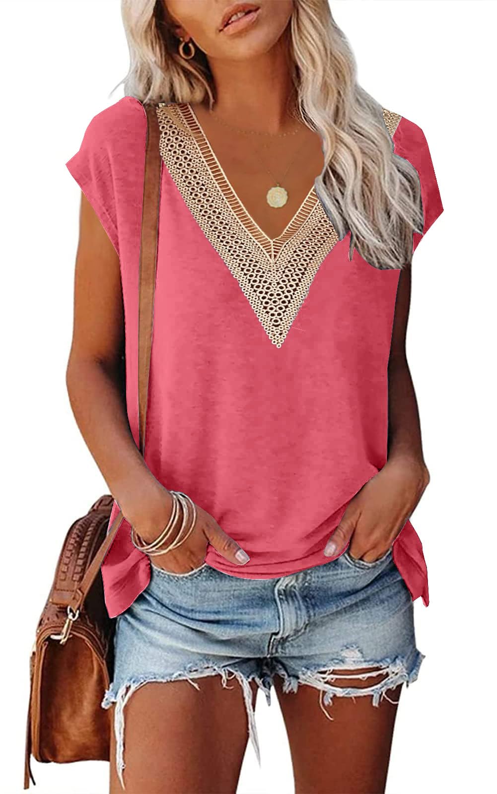 isermeo Womens Cap Sleeve Summer Tops Trendy Tank Tops Lace V Neck Loose Fit Shirts S-XXL