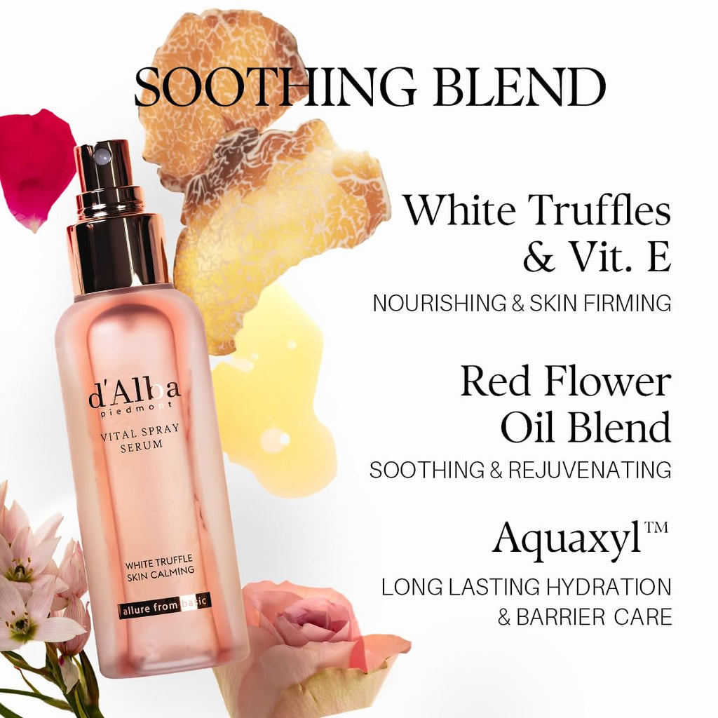 Sérum brumisateur d’Alba avec assortiment d’ingrédients visuels et flacon rosé