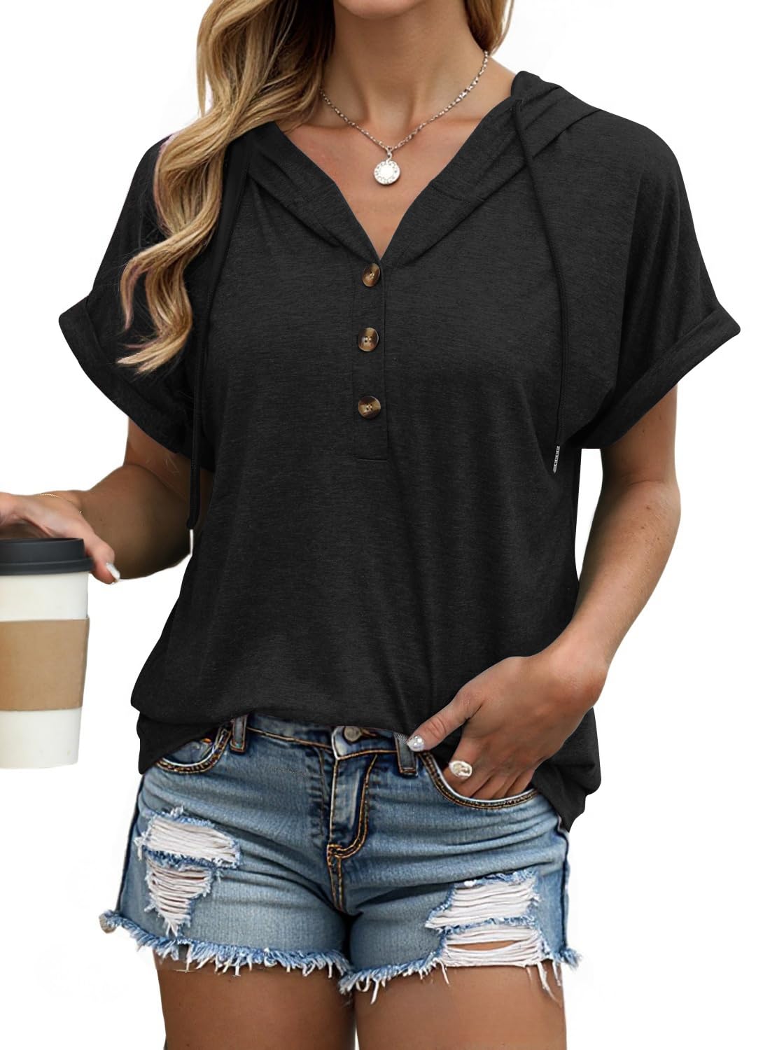 isermeo Womens Oversized Short Rolled Sleeve Summer Hoodie T Shirt 2024 Trendy Henley Button Tshirts S-XXL