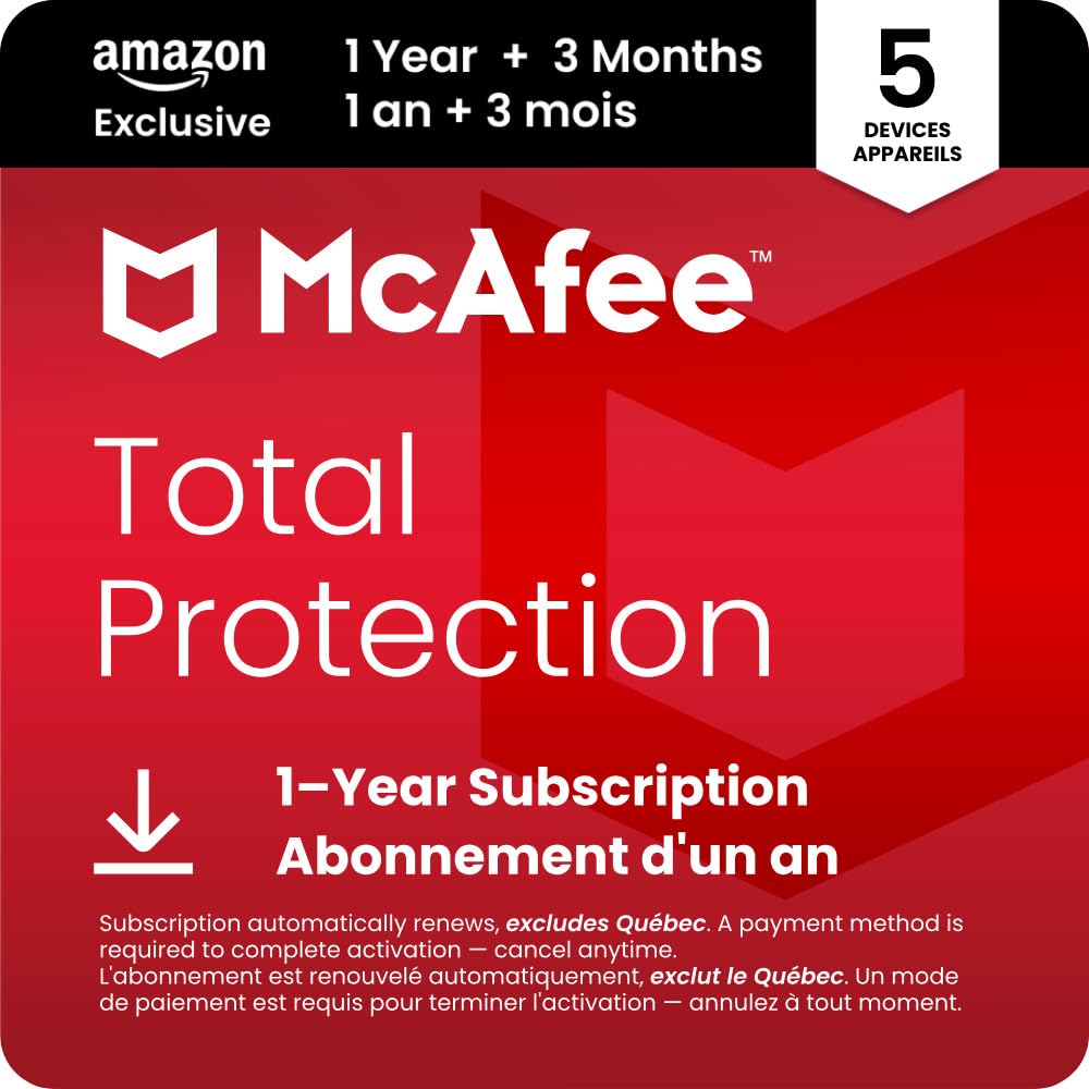 Carte d’abonnement McAfee Total Protection : 1 an, 5 appareils, renouvellement auto