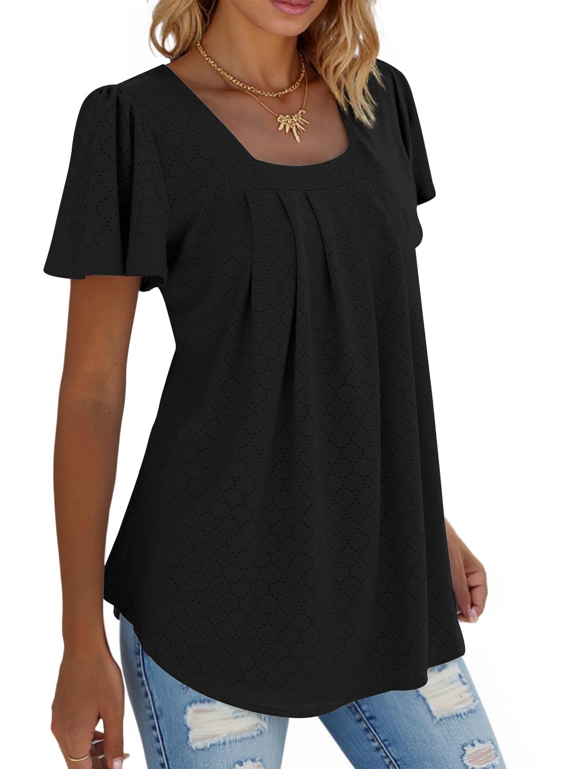 isermeo Summer Tops for Women Pleated Square Neck Ruffle Sleeve Shirts Casual Loose Flowy Curved Hem Tunic S-XXL