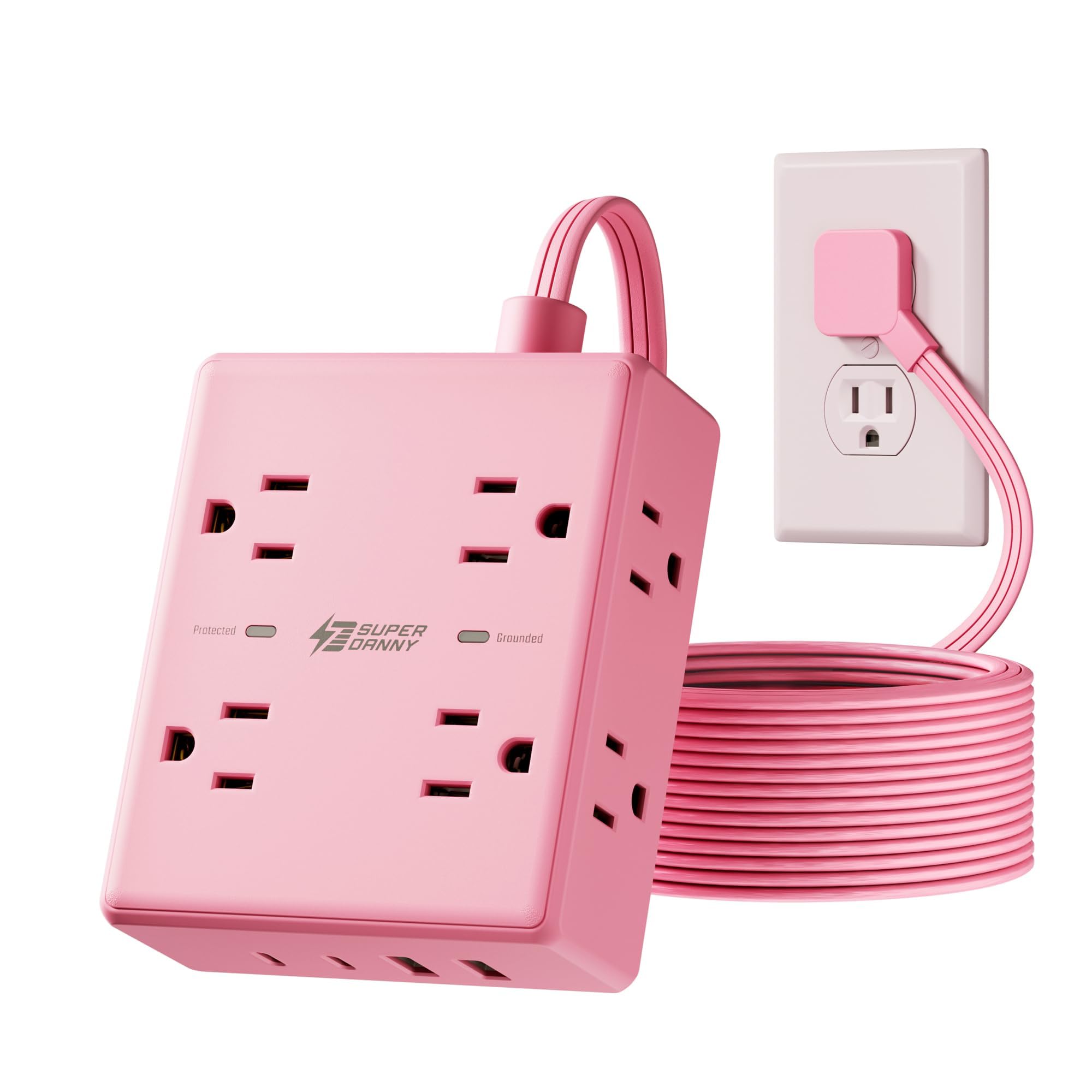 Surge Protector Power Bar, SUPERDANNY 6 Ft Extension Cord with 8 Outlets & 4USB Ports (2 USB 2 C), Mountable Flat Plug Power Strip, Surge Protection for Home, Office, Dorm