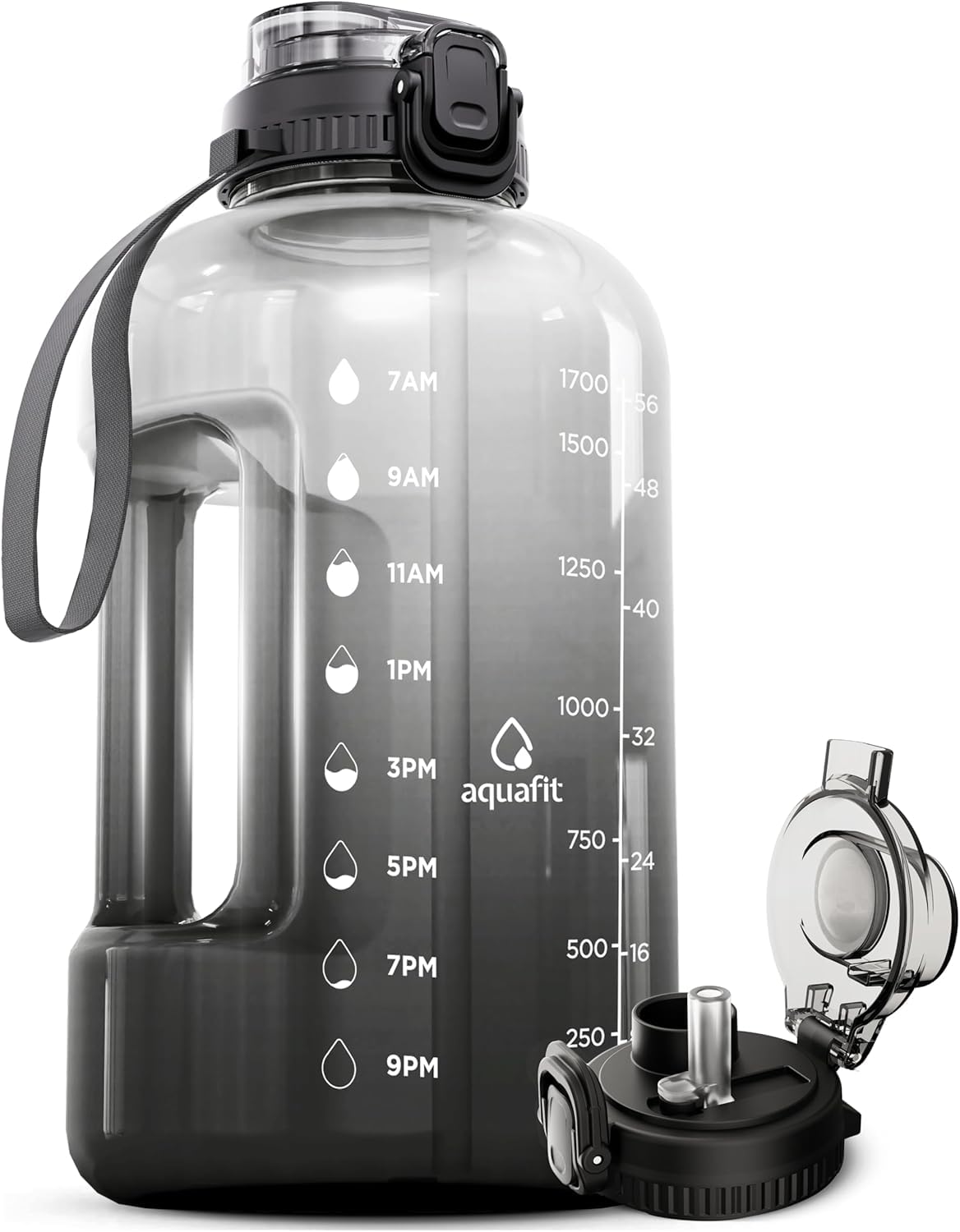 AQUAFIT 2l Water Bottle with Straw - Half Gallon Water Bottle - Motivational Gym Water Bottles 2l - 2 Liter Water Bottle Time Marker - Half Gallon Water Jug 64 oz - Large Water Bottle Gray