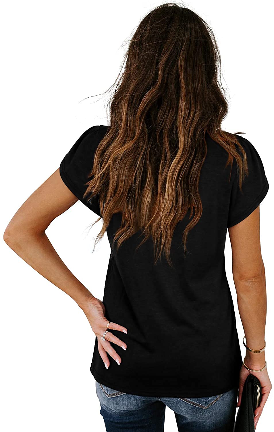 isermeo Womens Summer Tops Sexy V Neck Petal Sleeve Casual Solid Color Tee Tshirts S-XXL