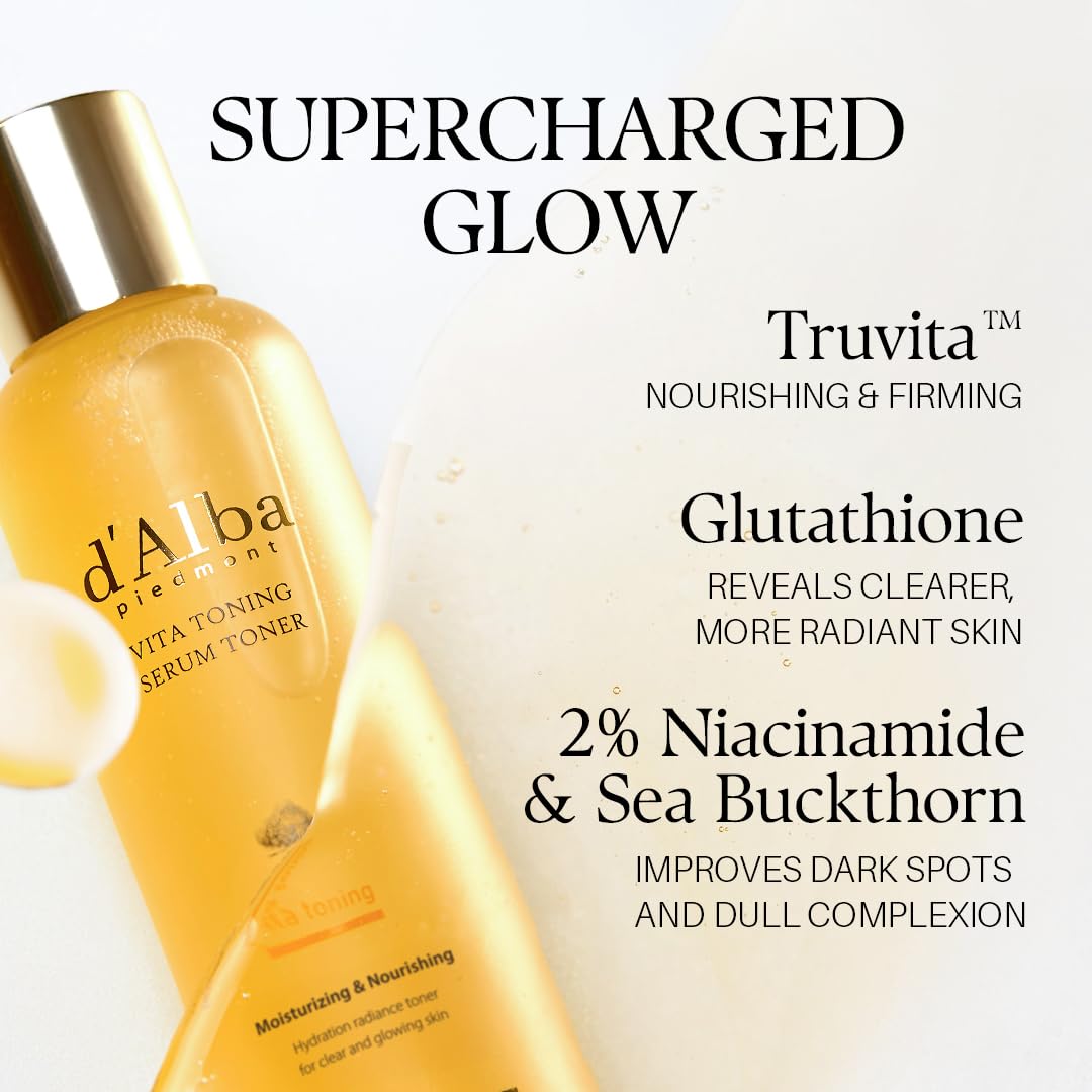 Bouteille de sérum tonique d'Alba Vita Toning, flacon jaune et capuchon doré