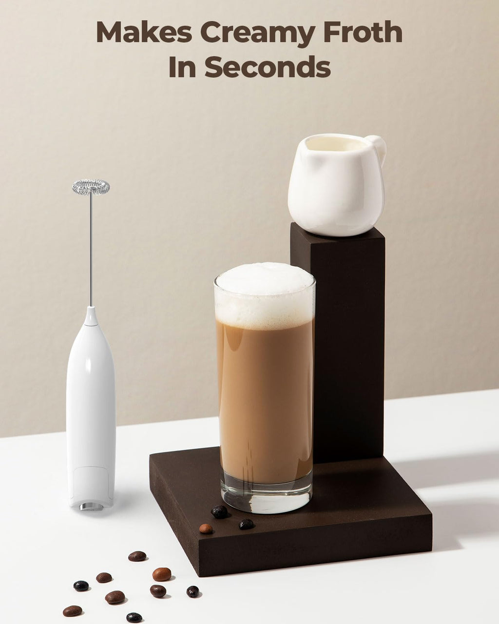 SIMPLETASTE Milk Frother Handheld Electric Foam Maker, Drink Mixer with Stainless Steel Whisk for Cappuccino, Bulletproof Coffee, Latte, Blizzard White, Without Stand, Battery Operated