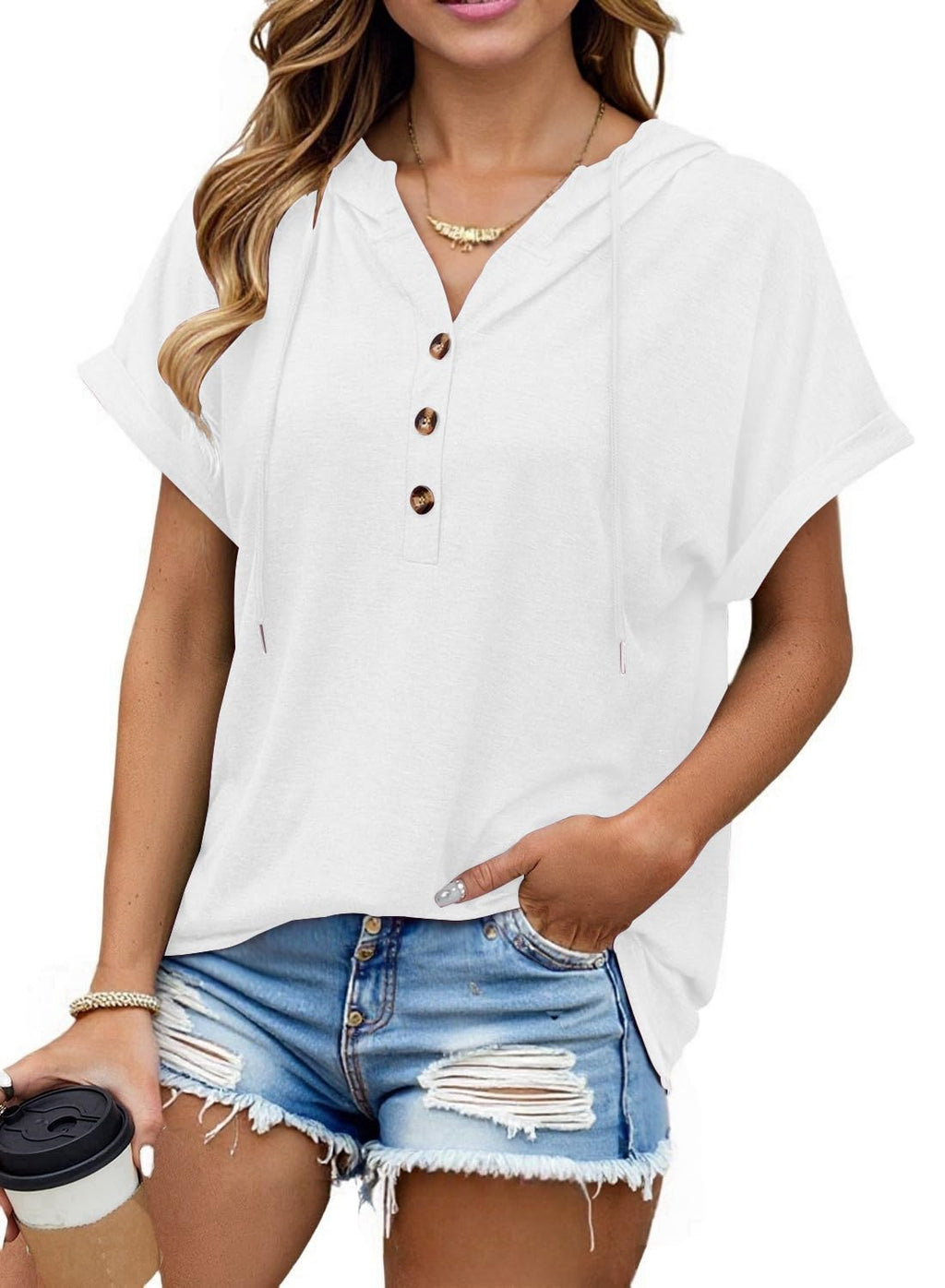 isermeo Womens Oversized Short Rolled Sleeve Summer Hoodie T Shirt 2024 Trendy Henley Button Tshirts S-XXL