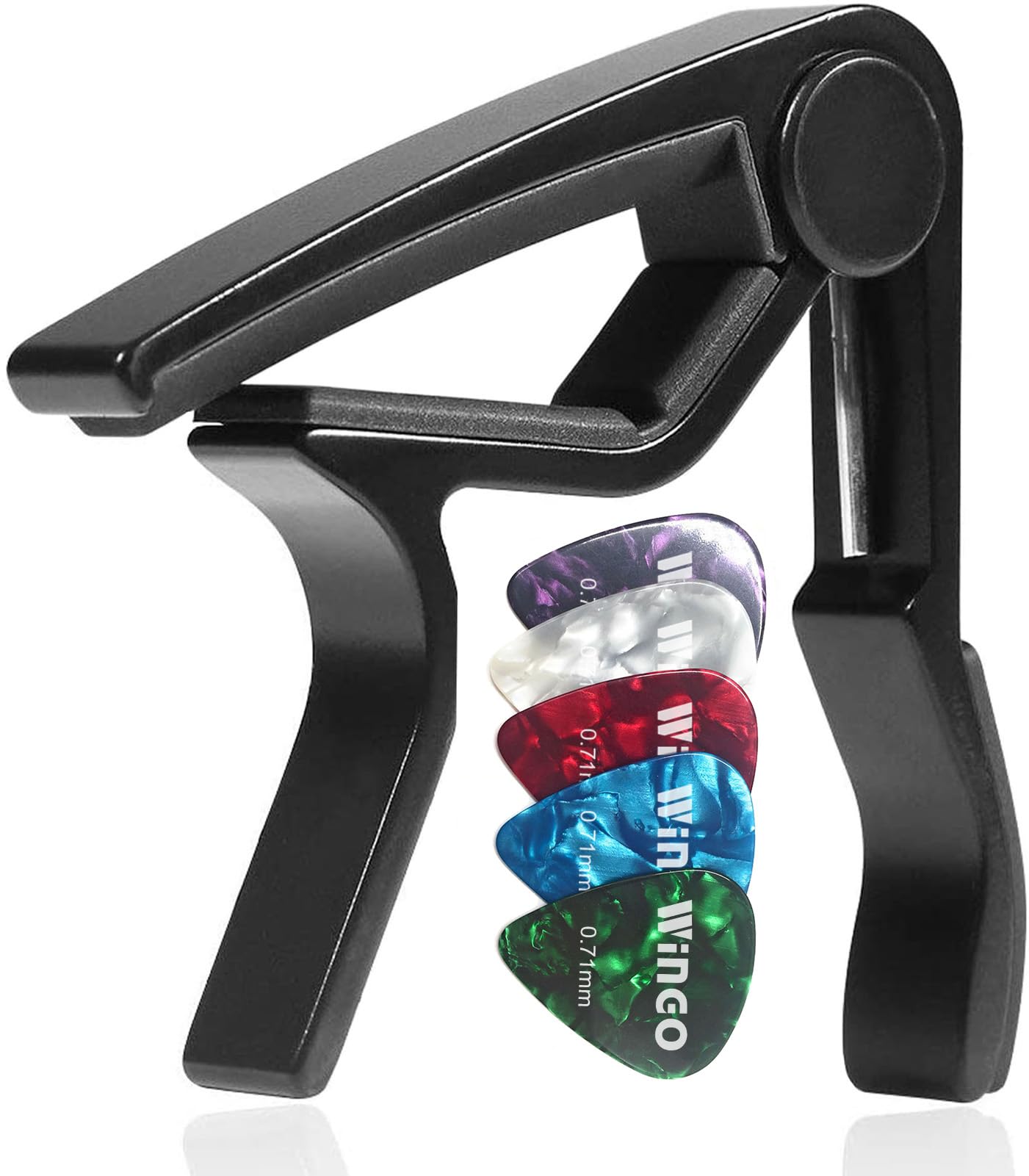 Capodastre noir avec porte-médiators et 5 médiators colorés.