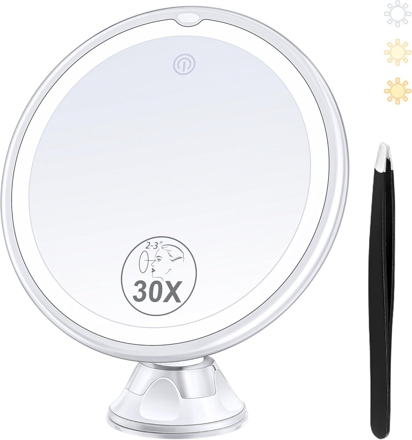 Miroir grossissant lumineux 30X sur pied, cadre circulaire blanc, bouton de mise en marche