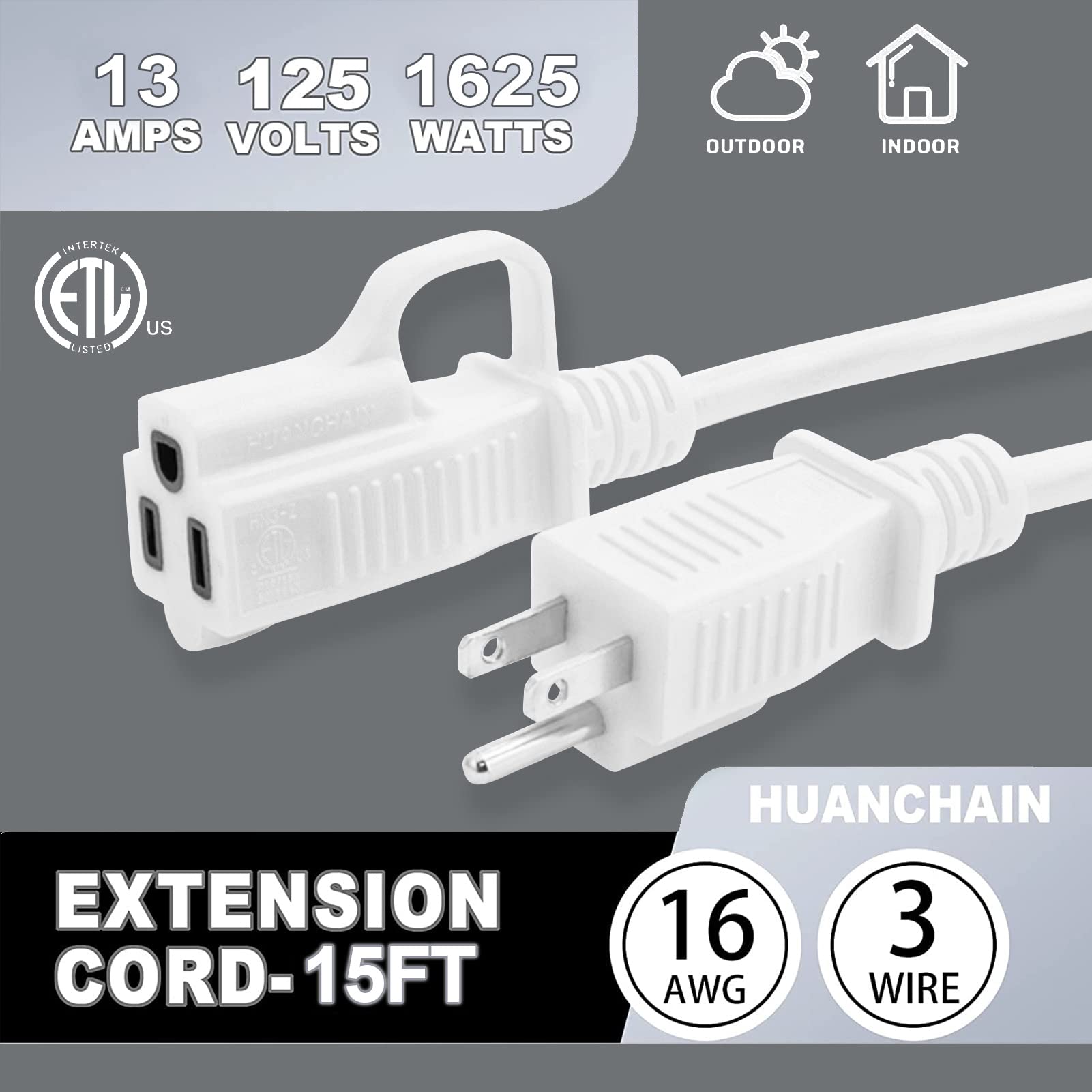 HUANCHAIN Indoor Outdoor Black Extension Cord 15 ft Waterproof, 16/3 Gauge Flexible Cold-Resistant Appliance Extension Cable Outside, 13A 1625W 16AWG SJTW, 3 Prong Electric Cord, ETL