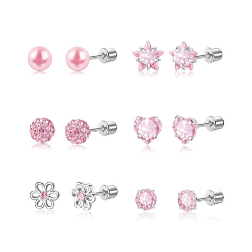 Ensemble de 12 paires de boucles d’oreilles fille: perles roses et fleurs/étoiles strass.