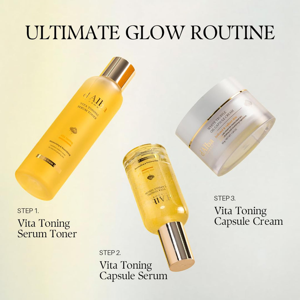 Bouteille et pot de crème capsule d’alba Vita Toning pour routine Glow