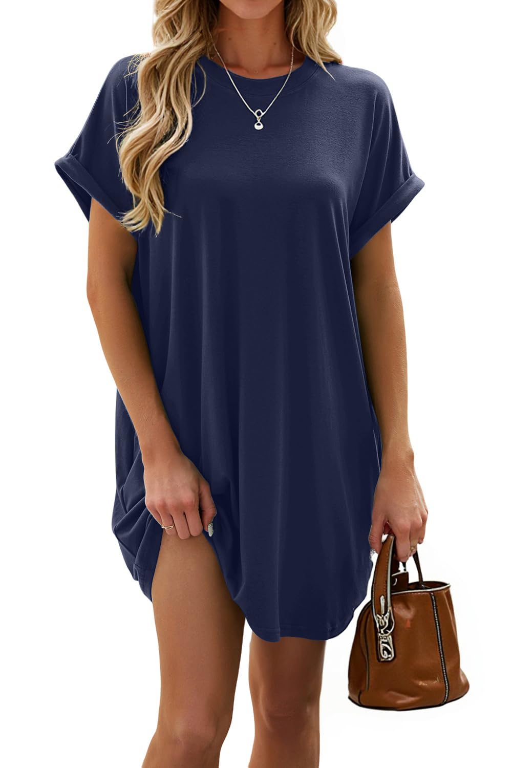 isermeo Women Summer Casual Swing Rolled Sleeve T Shirt Dresses Beach Cover Up Loose Dress with Pockets S-XXL