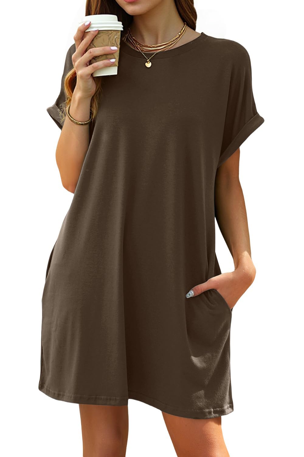 isermeo Women Summer Casual Swing Rolled Sleeve T Shirt Dresses Beach Cover Up Loose Dress with Pockets S-XXL
