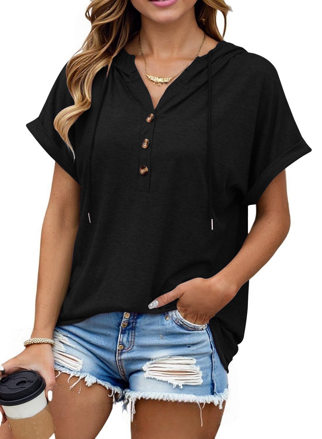 isermeo Womens Oversized Short Rolled Sleeve Summer Hoodie T Shirt 2024 Trendy Henley Button Tshirts S-XXL
