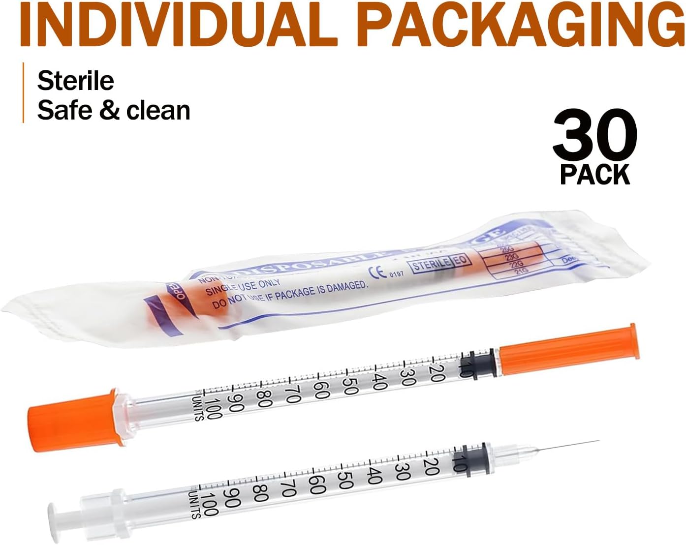 Séringues stériles en sachets individuels, lot de 30, embouts orange