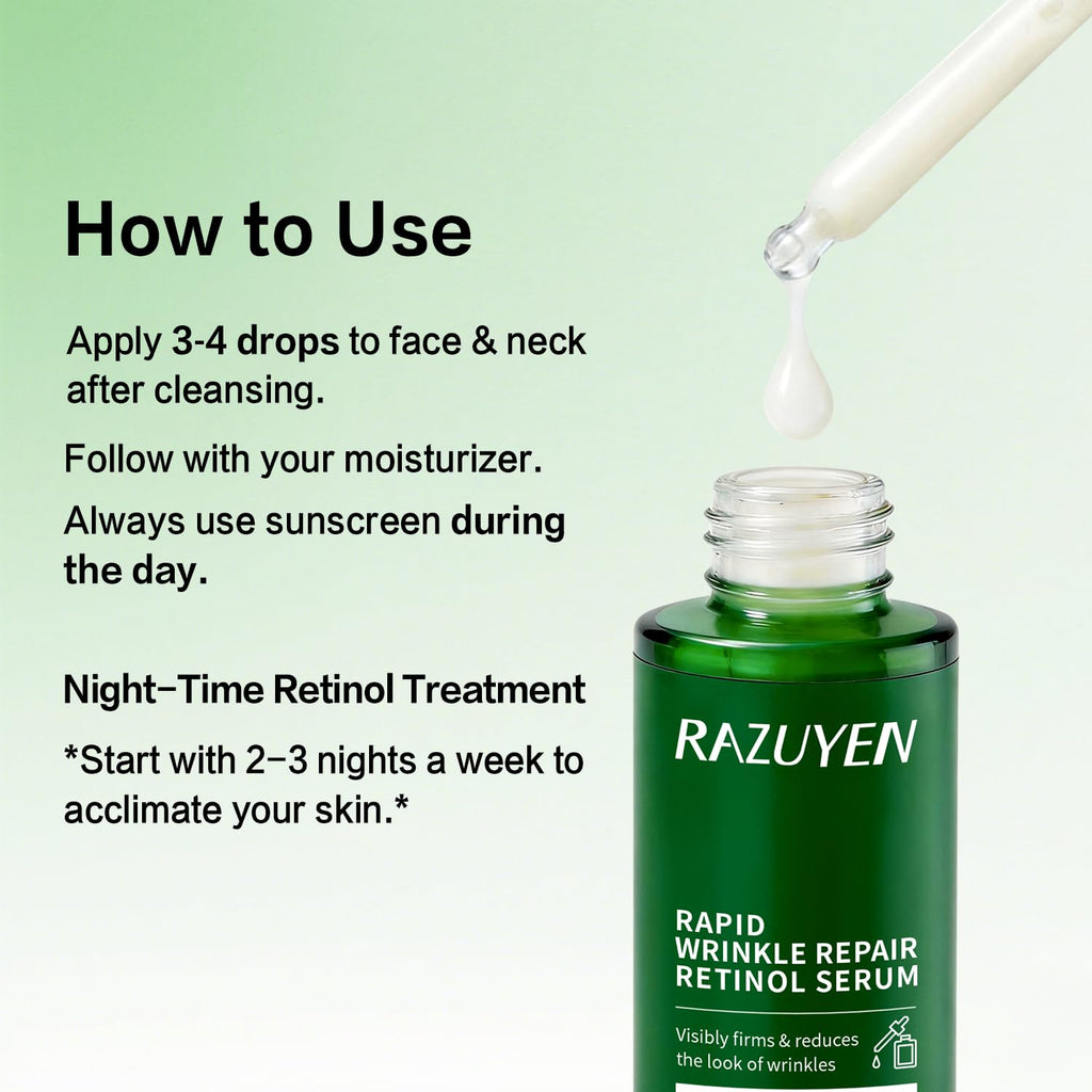 Sérum RAZUYEN au rétinol, gouttelette blanche sortant de la pipette sur flacon vert