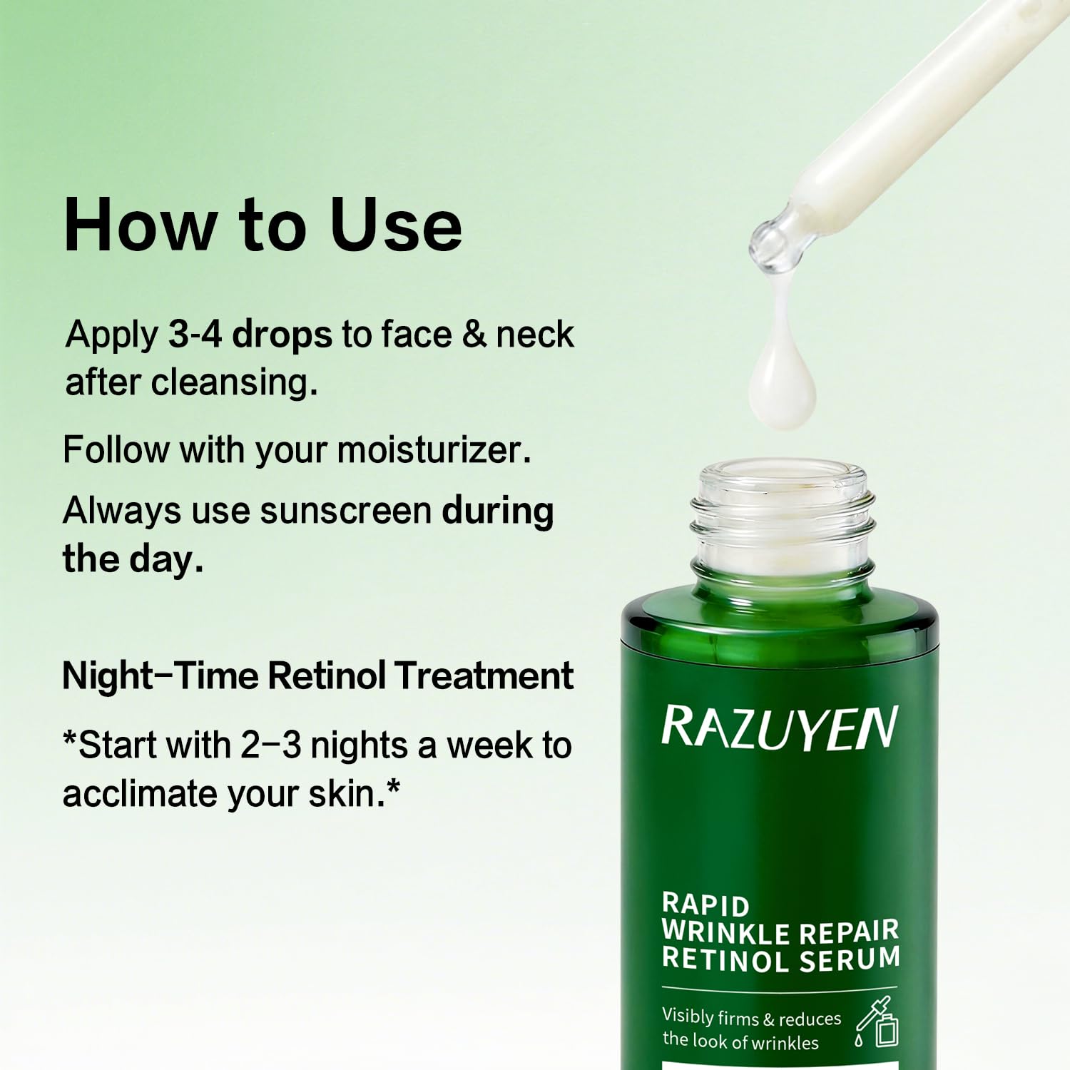 Sérum RAZUYEN au rétinol, gouttelette blanche sortant de la pipette sur flacon vert