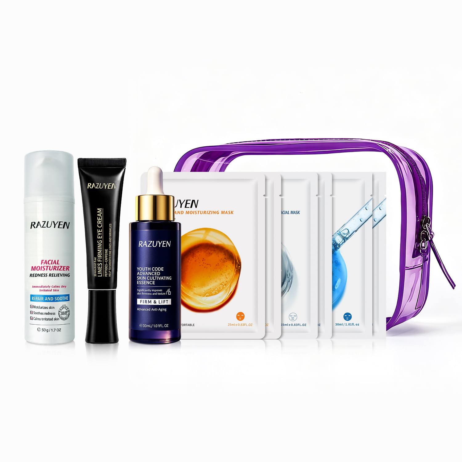 Coffret de soins visage en sac de voyage violet, flacons et masques en feuilles