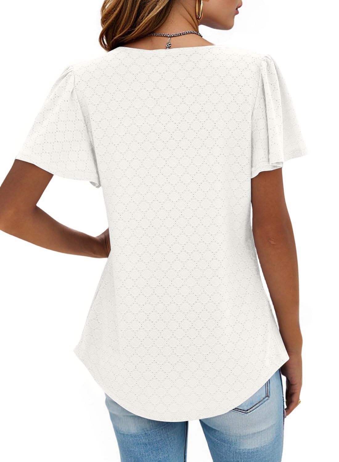 isermeo Summer Tops for Women Pleated Square Neck Ruffle Sleeve Shirts Casual Loose Flowy Curved Hem Tunic S-XXL