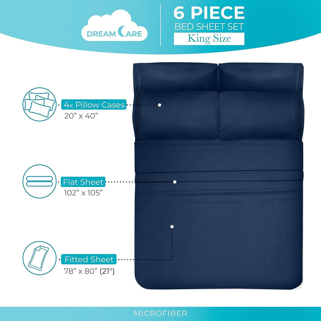 DREAMCARE Bedding Sets Queen - 6 Piece Queen Bed Sheets - Deep Pocket up to 15 in - Draps Lit Queen - Luxury Hotel Sheets & Pillowcases Set - Shrink & Fade Resistant (Queen, Navy Blue