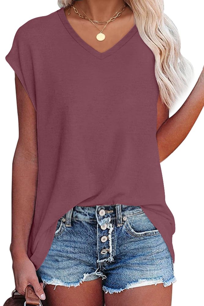isermeo Cap Sleeve T Shirts for Women Summer V Neck Cute Tops Trendy Beach Vacation Clothes Fashion S-XXL