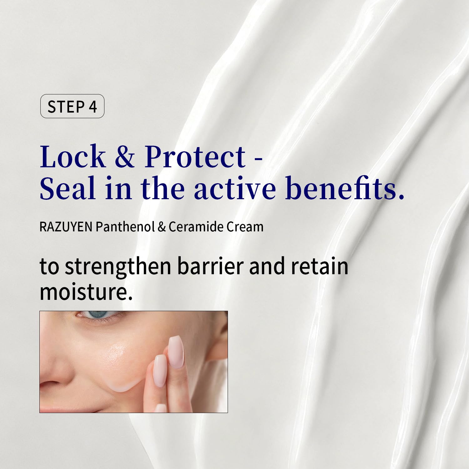 Crème visage RAZUYEN étalée sur la joue, texture lisse et hydratée
