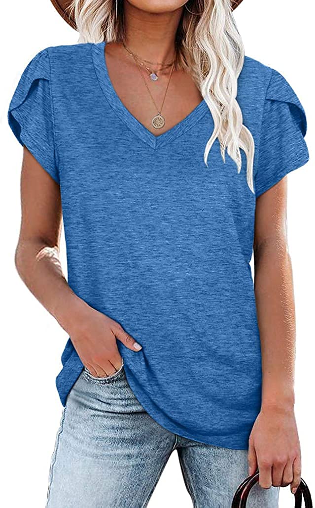 isermeo Womens Summer Tops Sexy V Neck Petal Sleeve Casual Solid Color Tee Tshirts S-XXL