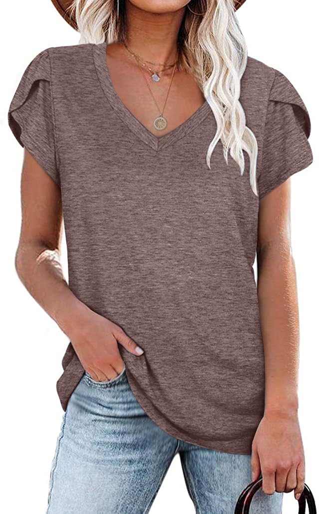 isermeo Womens Summer Tops Sexy V Neck Petal Sleeve Casual Solid Color Tee Tshirts S-XXL