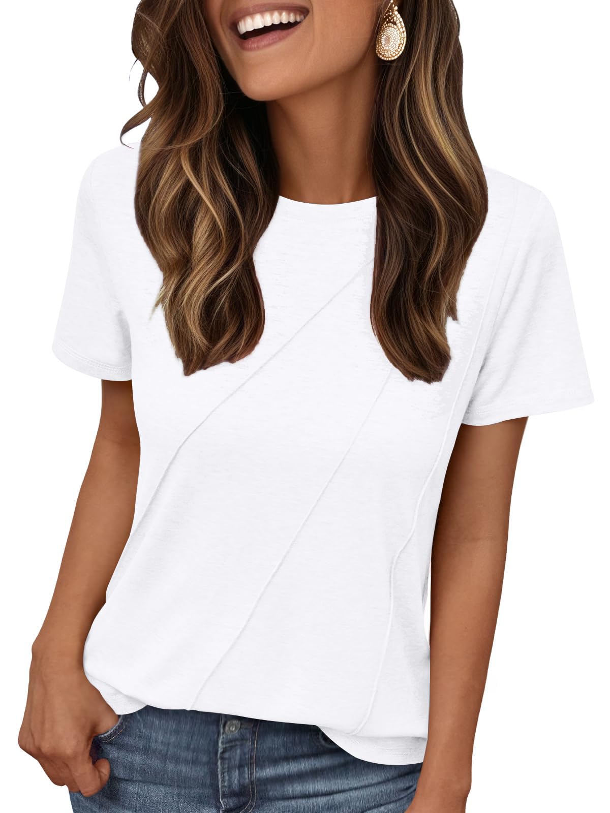 isermeo Women's Summer Short Sleeve Tops Casual Crewneck Fashion Pleated T-Shirts Blouses Trendy 2026 S-XXL