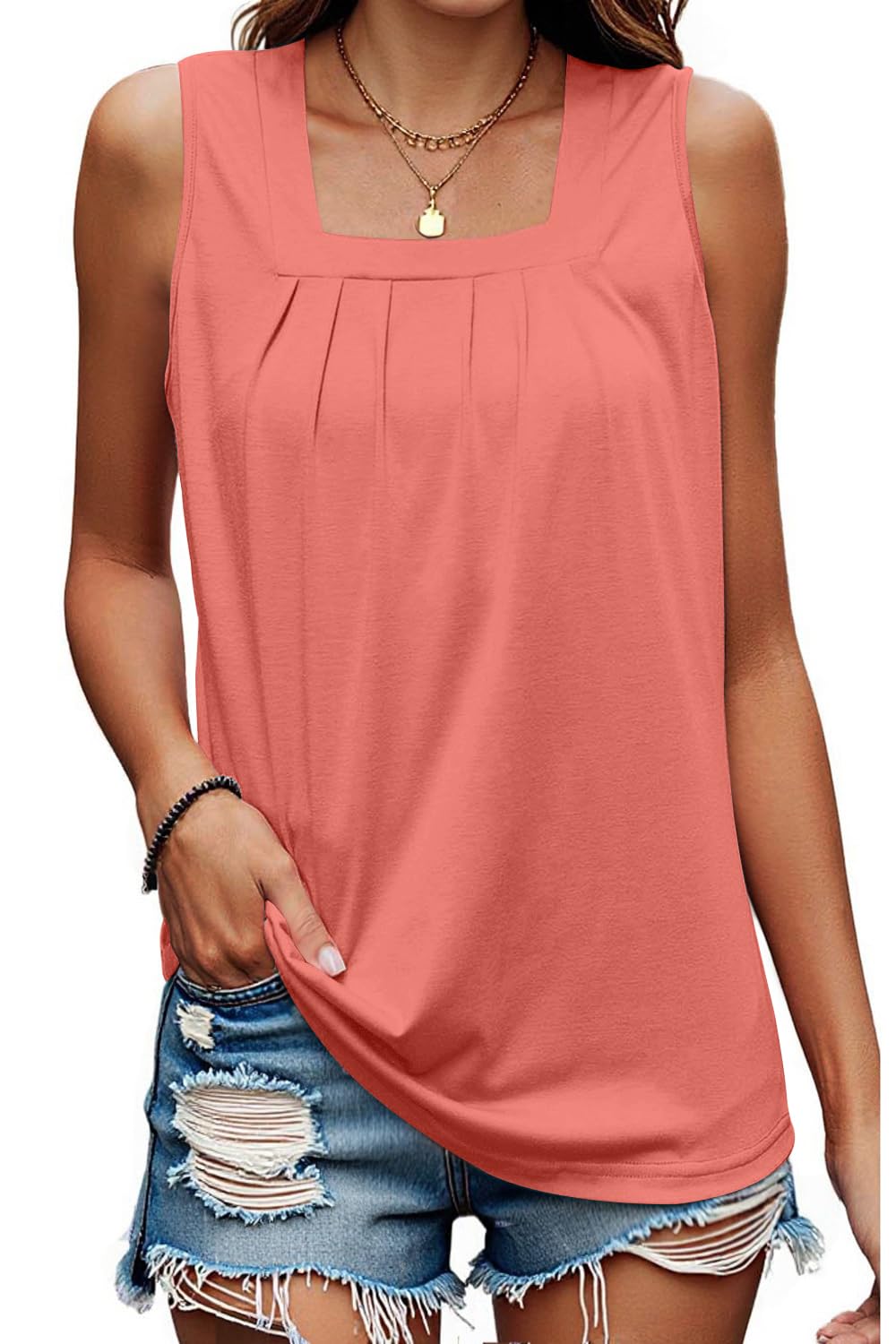 isermeo Summer Tank Tops for Women Loose Fit Pleated Square Neck Sleeveless Shirt Flowy Tops S-XXL