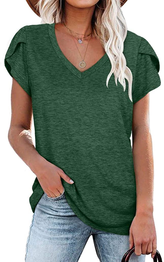 isermeo Womens Summer Tops Sexy V Neck Petal Sleeve Casual Solid Color Tee Tshirts S-XXL