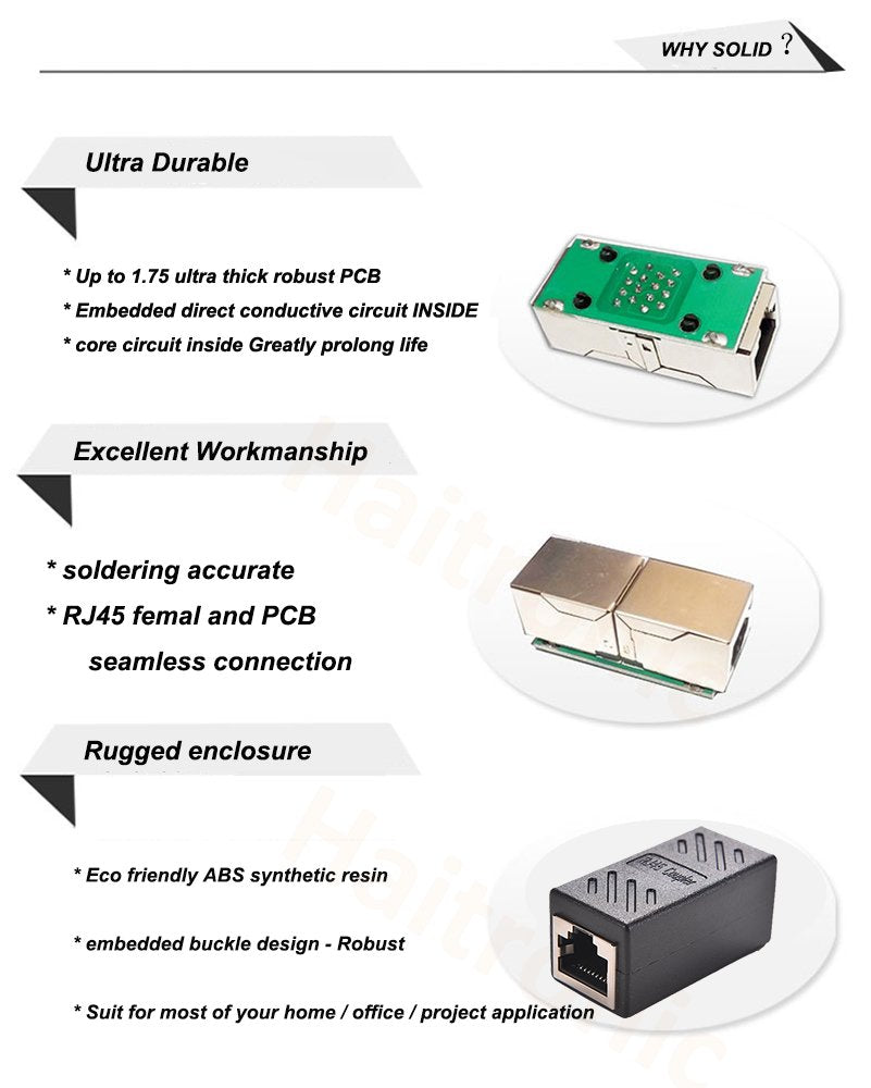Adaptateur Ethernet RJ45 femelle-femelle noir avec circuit imprimé interne visible