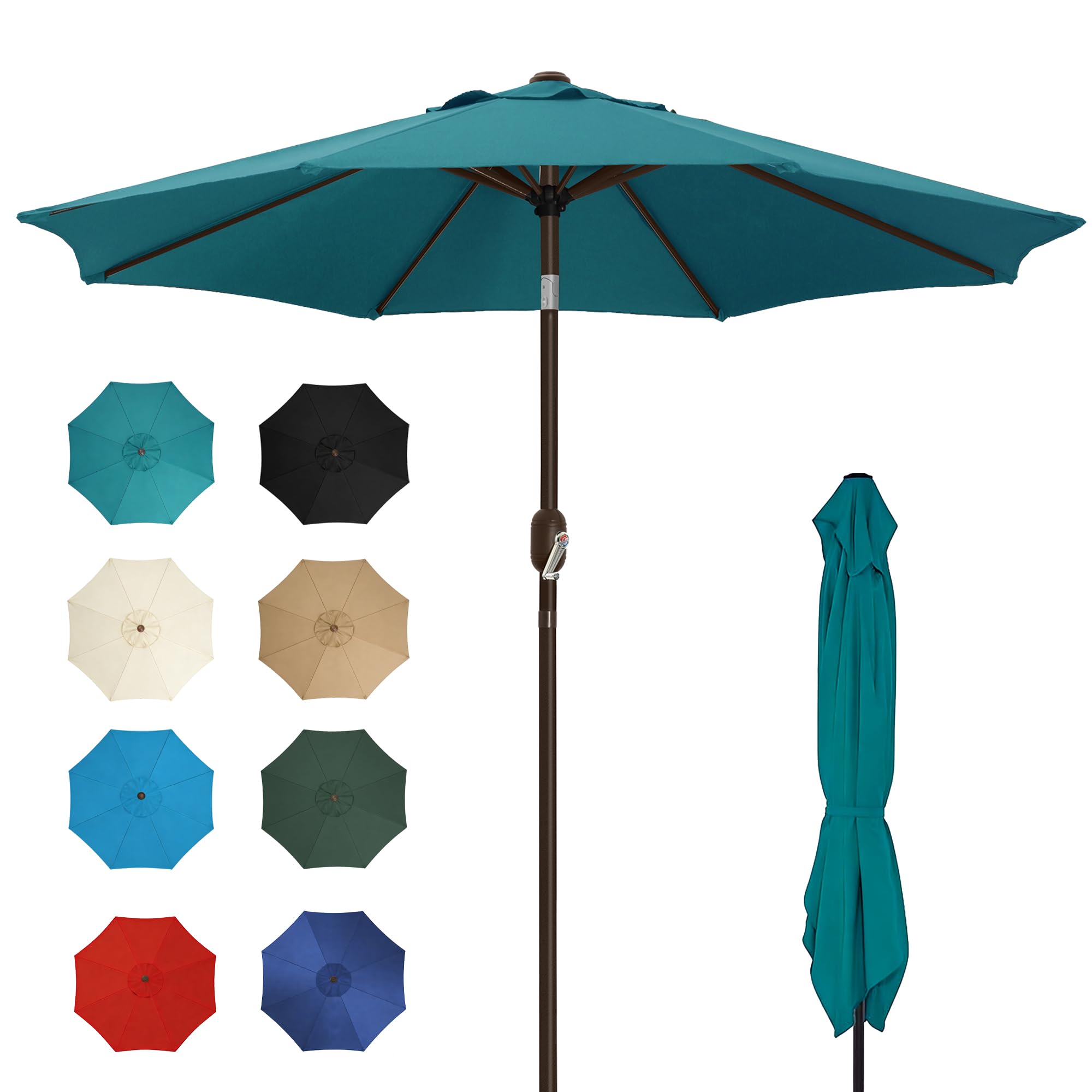 Parasol de patio bleu-vert avec mât central et housse assortie, baleines visibles