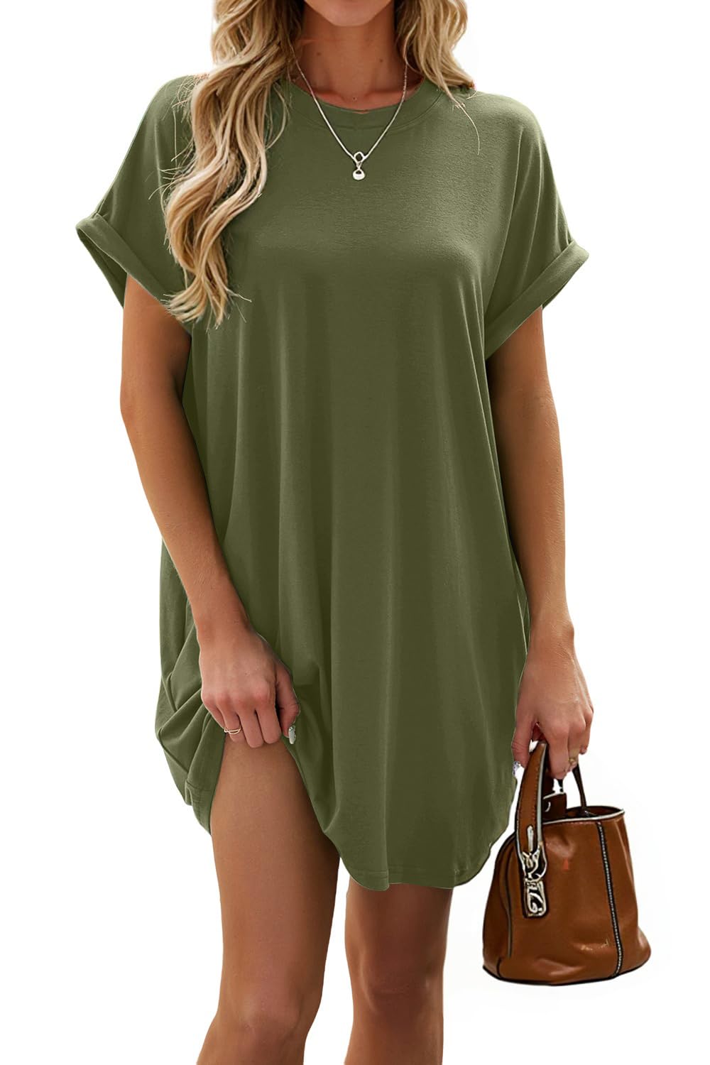 isermeo Women Summer Casual Swing Rolled Sleeve T Shirt Dresses Beach Cover Up Loose Dress with Pockets S-XXL