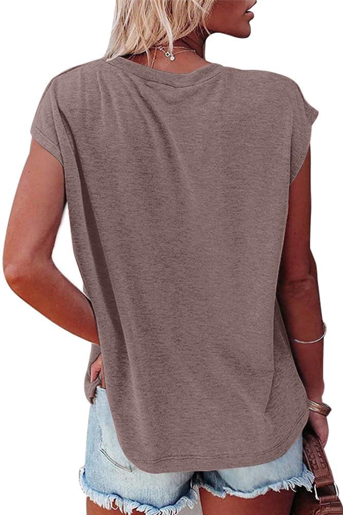isermeo Cap Sleeve T Shirts for Women Summer V Neck Cute Tops Trendy Beach Vacation Clothes Fashion S-XXL