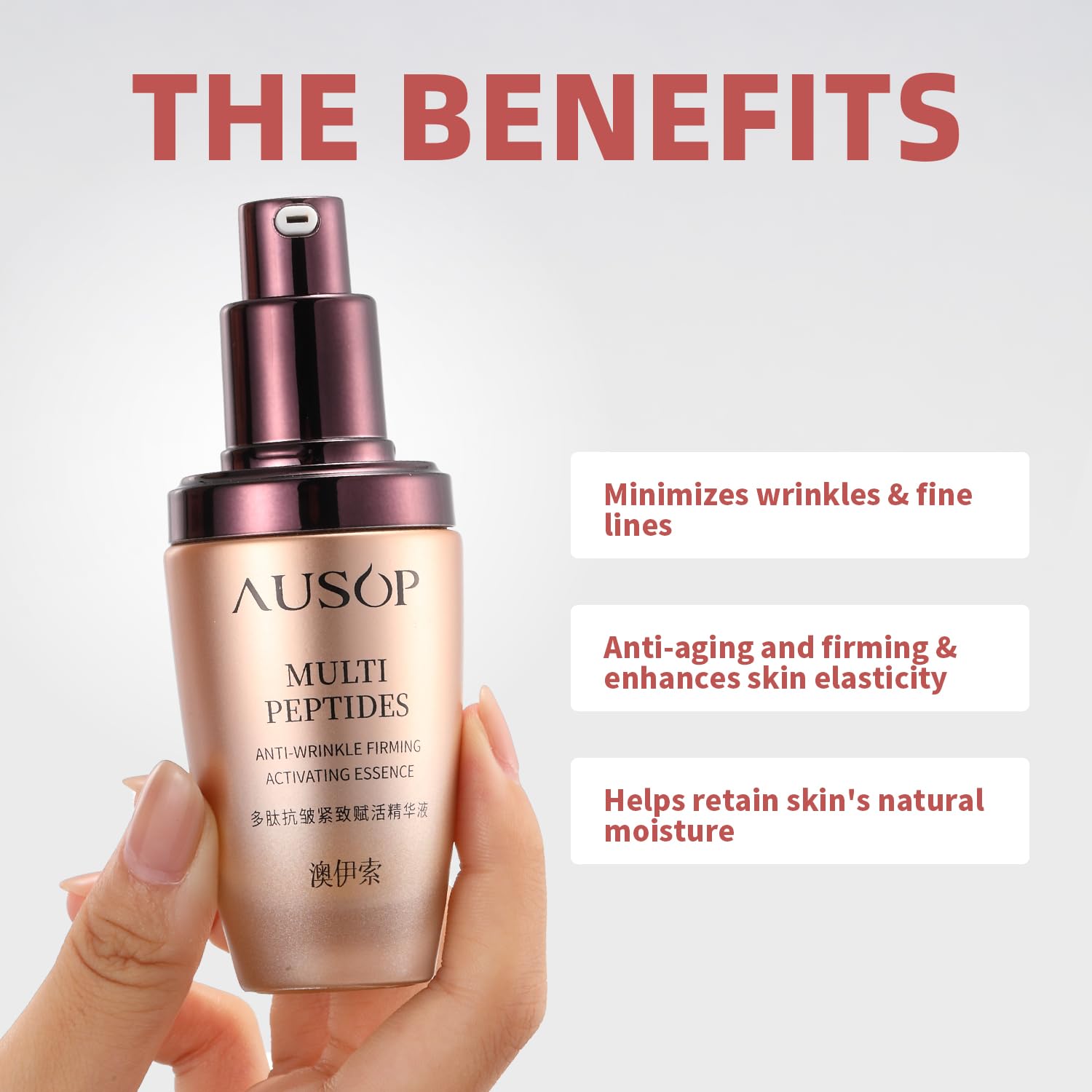 Flacon de sérum visage AUSOP Multi Peptides avec pompe, main et encadrés