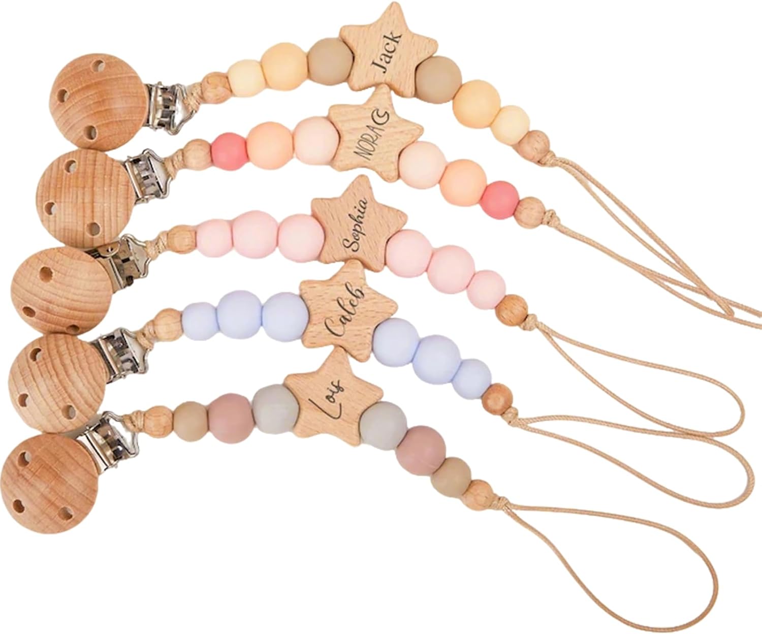 Attache-suce bébé en perles, étoiles et formes en bois, tons rosé et bleu, pinces métal
