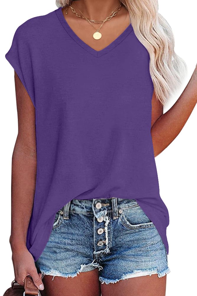 isermeo Cap Sleeve T Shirts for Women Summer V Neck Cute Tops Trendy Beach Vacation Clothes Fashion S-XXL