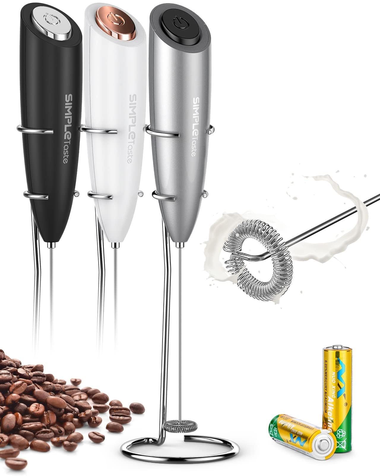 SIMPLETASTE Milk Frother Handheld Electric Foam Maker, Drink Mixer with Stainless Steel Whisk for Cappuccino, Bulletproof Coffee, Latte, Blizzard White, Without Stand, Battery Operated