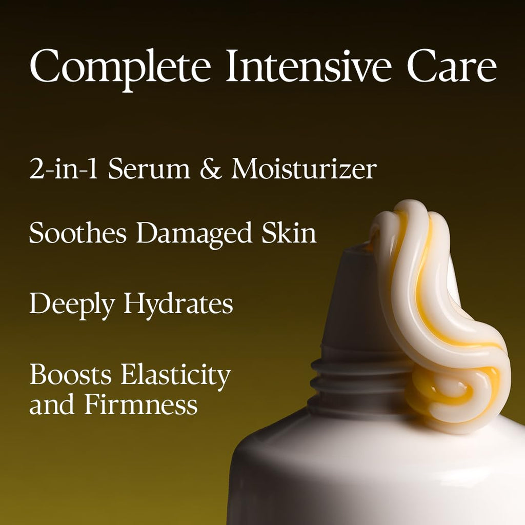 Flacon distributeur de sérum et crème, goutte crème dorée, texture onctueuse