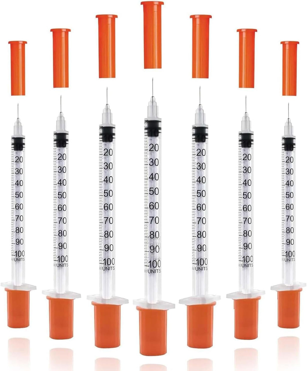 Seringues de 1 ml avec aiguille 6 mm, capuchon orange, marquages gradués noirs