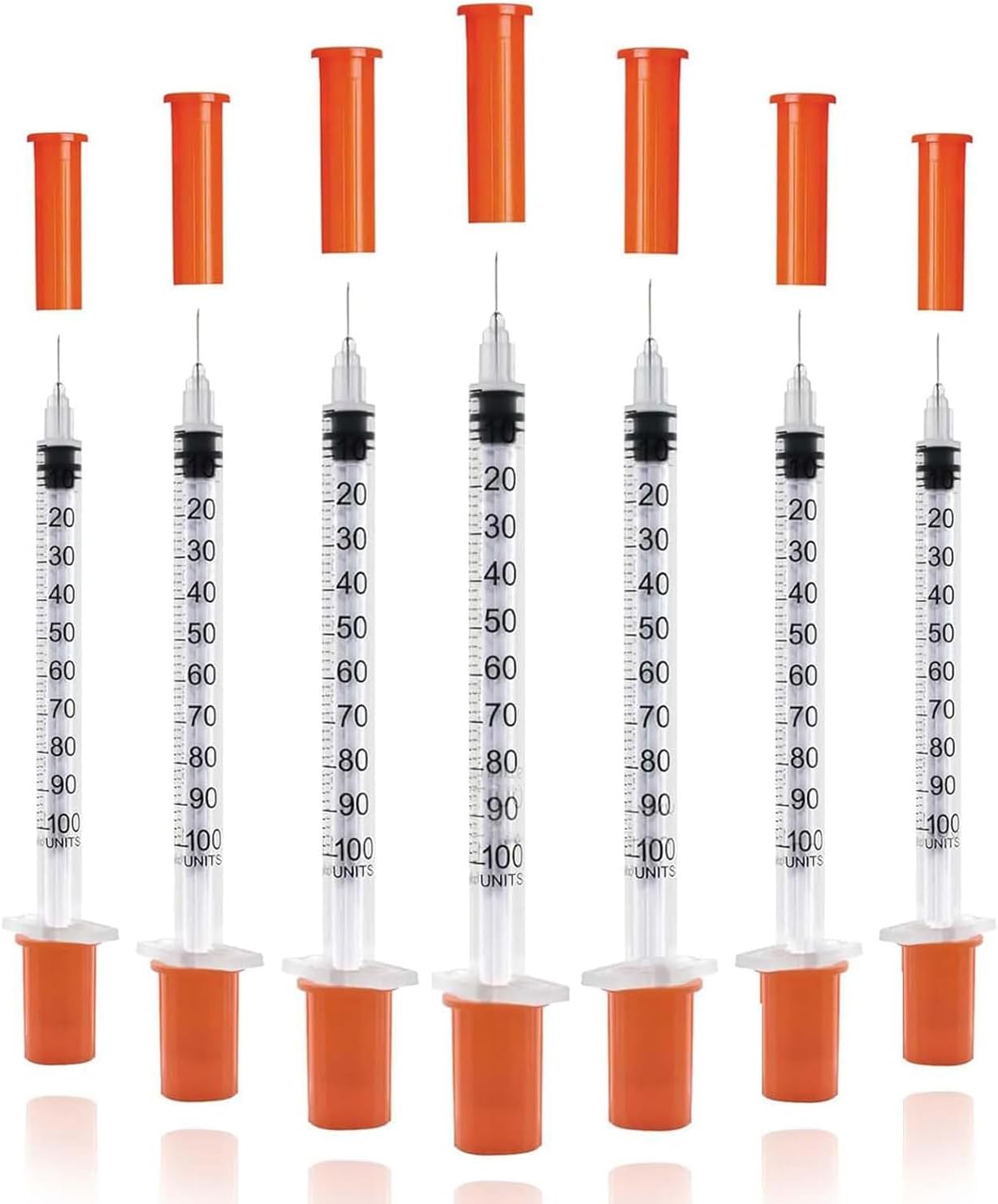 Seringues de 1 ml avec aiguille 6 mm, capuchon orange, marquages gradués noirs